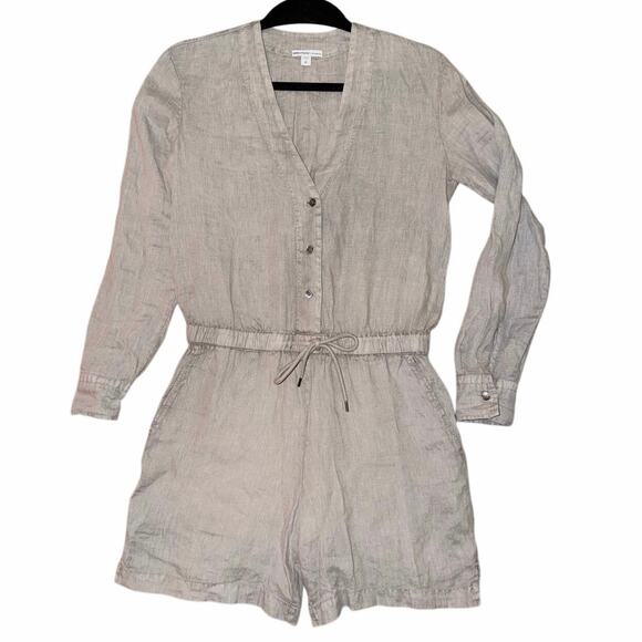 James Perse Pants - James perse 100% linen tan oatmeal romper long sleeve 0 minimalist drawstring